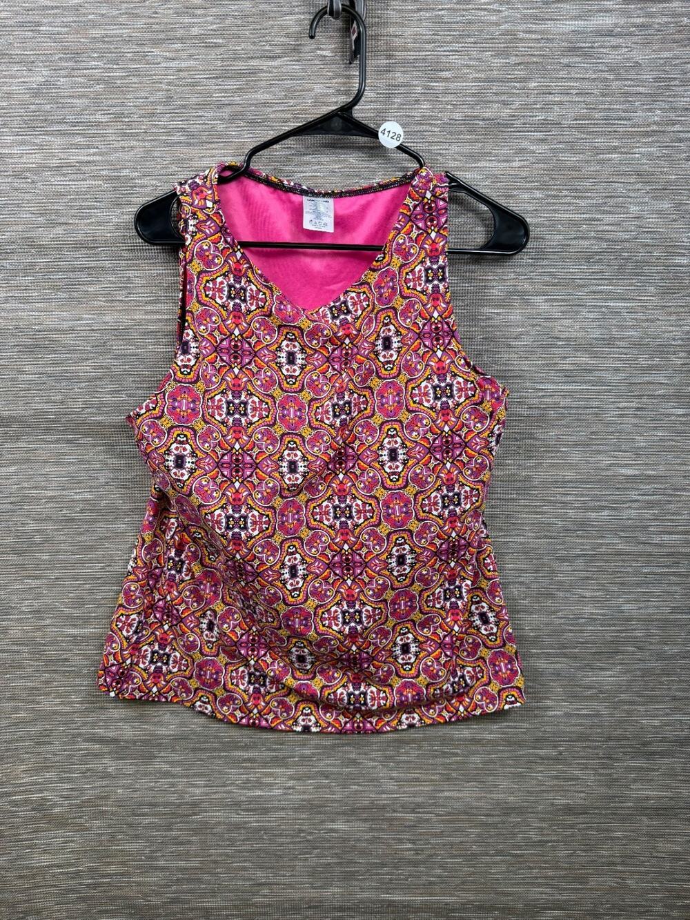 Lands End Pink Geometric Tile Print Tankini Top Built in Bra Lined Size 16DDD
